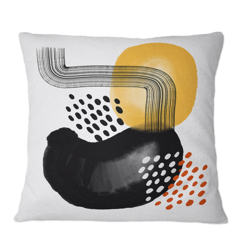 Coussin décoratif à pois moderne noir et jaune à pois, 16 po x 16 po
