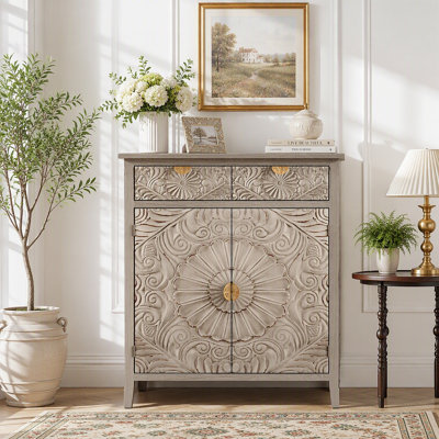 Armoire décorative sculptée à la main, armoire de rangement en bois avec tiroir et portes, buffet floral en relief avec poignées dorées pour le hall d'entrée, salon, 14,97 po x 31,5 po x 36,82 po