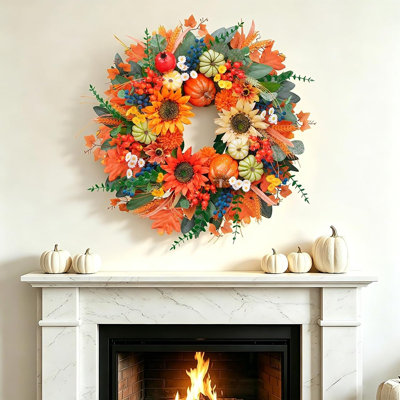 Autumn Fall Wreath for Front Door with Sunflowers, Pumpkins and Berries, Rustic Harvest Floral Wreath for Home Porch, Entryway, Wall, Indoor Outdoor Seasonal and Thanksgiving Decor