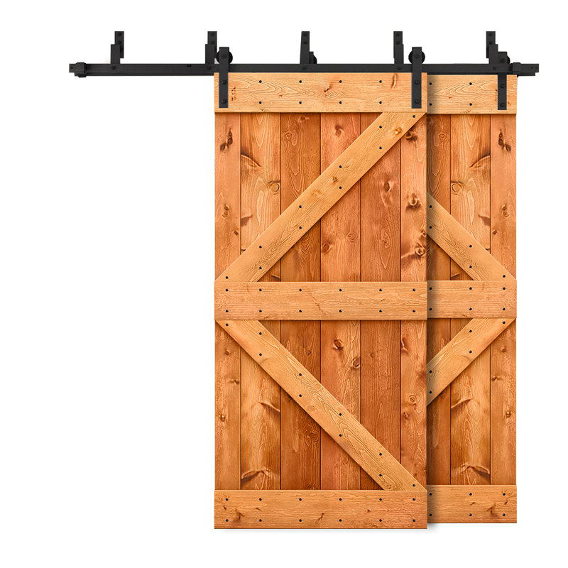 Porte de grange à panneaux et en bois avec quincaillerie d'installation, Rouge / noyer, 92 po x 84 po