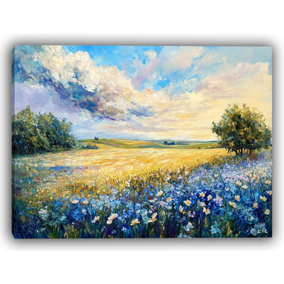 Golden Field and Blue Wildflowers - Wrapped Canvas Landscape Wall Art
