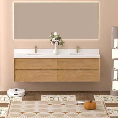 Meuble-lavabo mural double 84 po avec comptoir en pierre de quartz blanc pur et lavabos doubles en céramique
