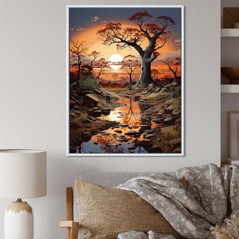 Baobab arbre surréel scène I - arbre baobab, art mural sur toile, Cadre flottant blanc, H 20 po x l 12 po