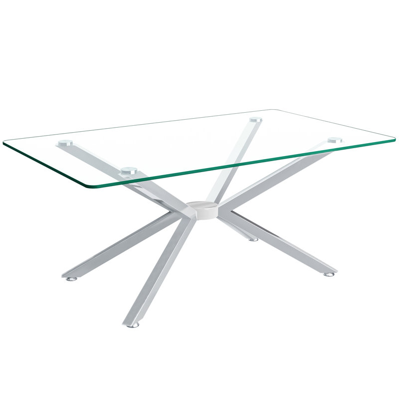 Modern Glass Coffee Table, 39.37" Sofa Coffee Table with Cross Metal Frame and Clear Glass Top, Rectangular Cocktail Centre Table for Living Room
