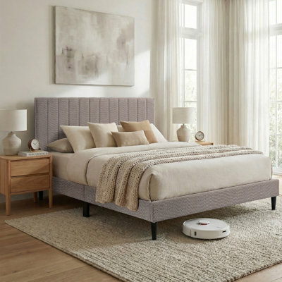 Grande plateforme tapissier Dove, tête de lit capitonnée, meubles de chambre à coucher de style Mid-Century, aucun sommier requis, lattes en bois de la structure de lit, cadre souple moderne, 64,25 po x 84,5 po x 45 po