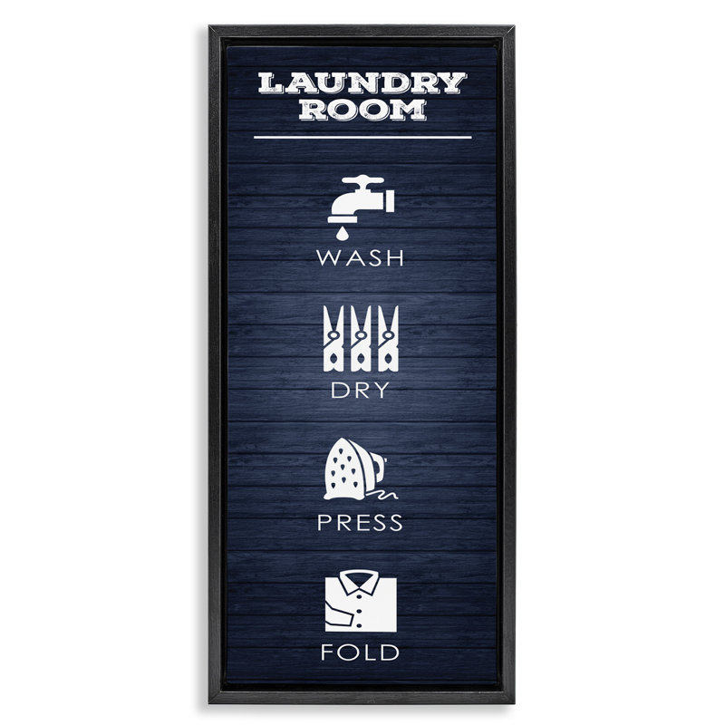 "Laundry Room", impression sur toile flottante encadrée à grain bleu rustique par Melody Hogan, Cadre flottant noir de jais
