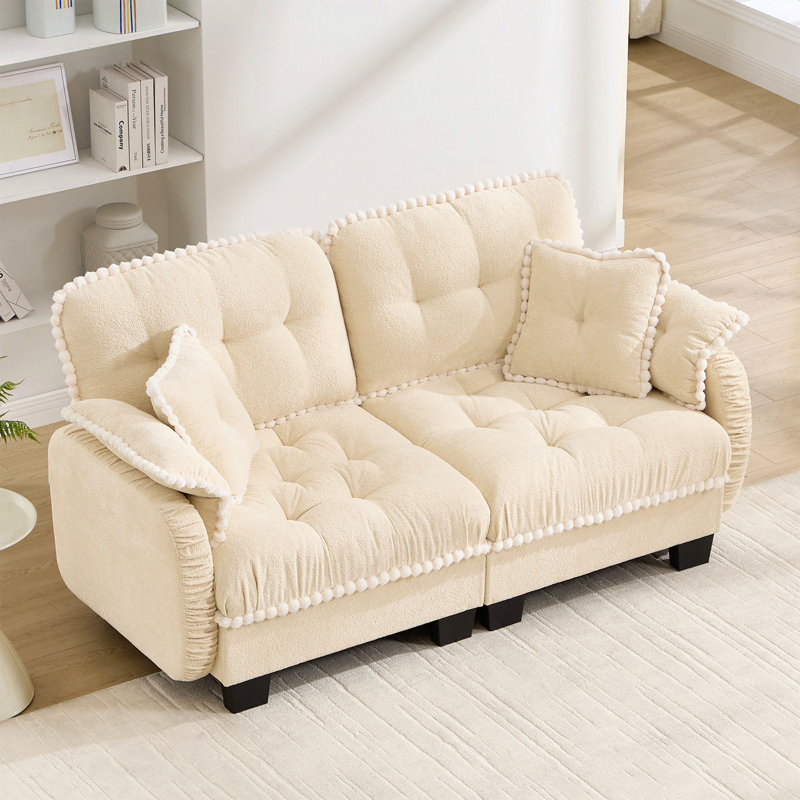 Canapé deux places Chenille Cloud avec 4 coussins, garniture à pompons, coussins rembourrés matelassés, design ergonomique, montage facile, canapé profond pour salon, bureau ou appartement