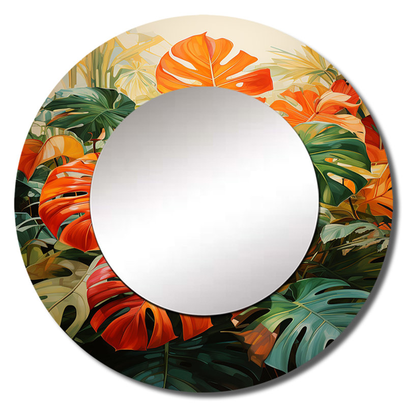 Filadelfio Orange Green Tropical Foliage I - Botanicals Large Mirror, Traditional Round Decorative Wall Mirror, Printed Metal Art
