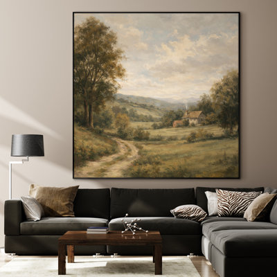 Très grand art mural imprimé sur toile - Chalet de campagne rétro avec sentier sinueux et arbres pour le salon ou la chambre à coucher - «Assemblage requis du cadre (cadre non fini)»