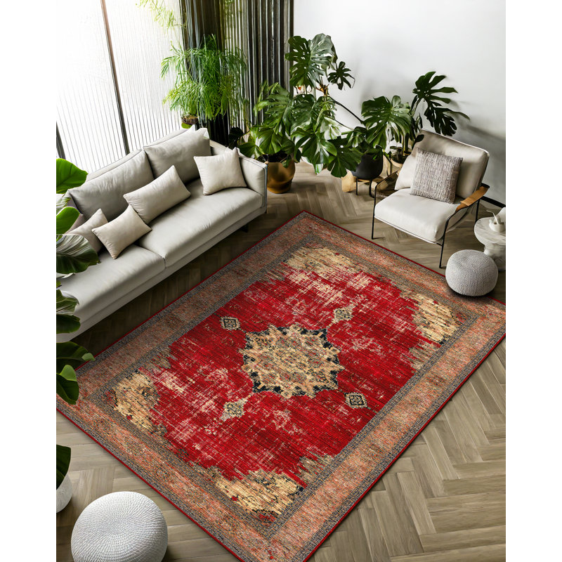 Susan Red Oriental Machine Printed Cotton Polyester Area Rug, Rectangle 3'4" x 5'