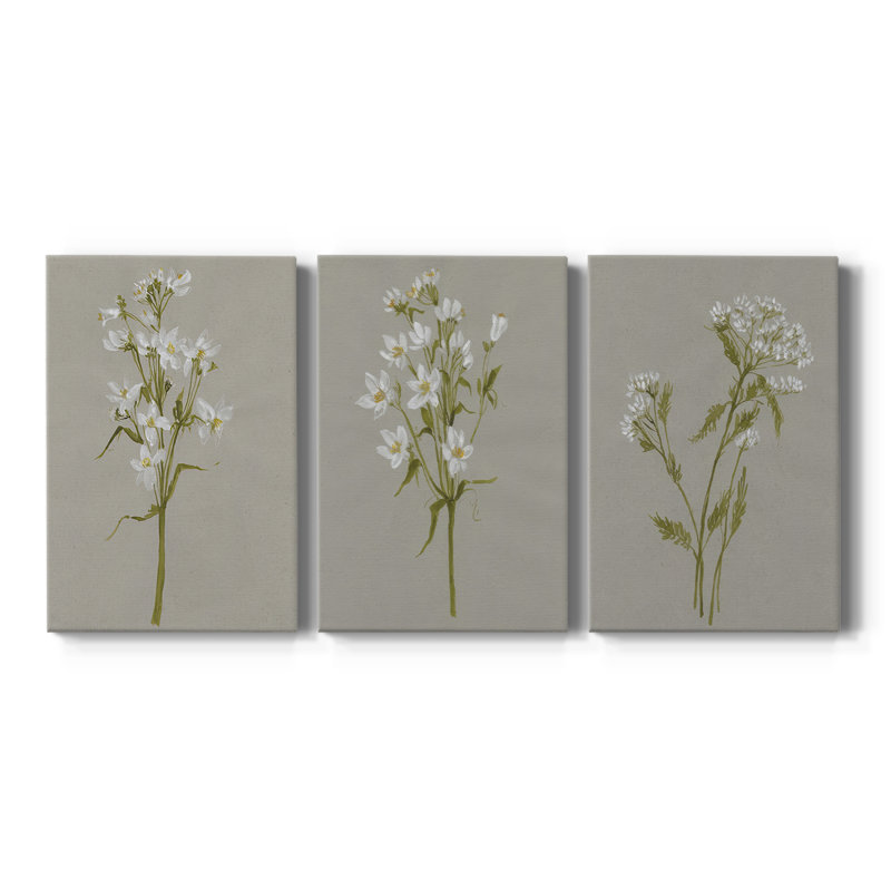 Fleurs blanches sur fond blanc I - Toile tendue avec châssis sur mesure - 3 pièces, H 12 po x l 24 po