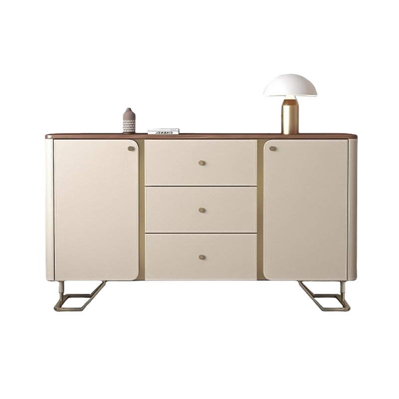 Buffet moderne en cuir avec rangement, Noyer / beige abricot / or