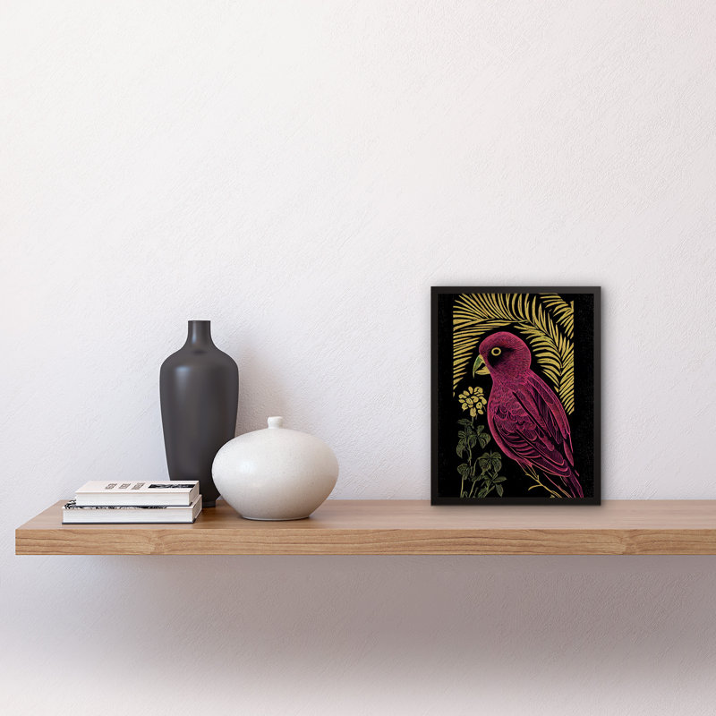 Pink Parrot Bird Black Gold Tropical Plants - Single Picture Frame Print