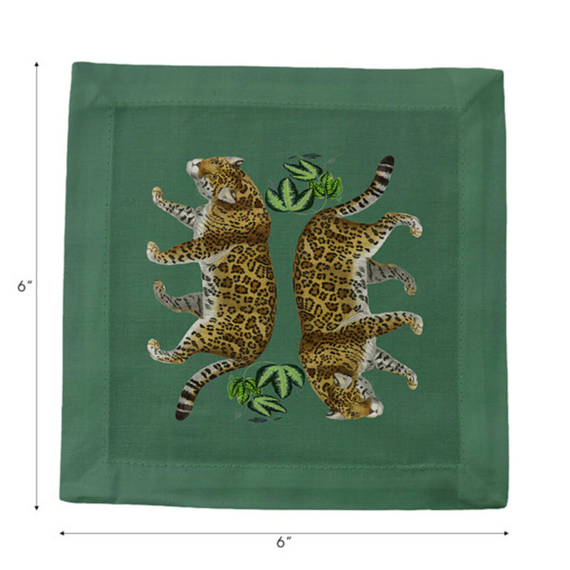 Leopard Seeing Double Cotton Sateen Cocktail Napkins, Evergreen