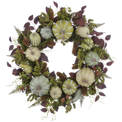 Couronne 30 po en fausse citrouille et fougère