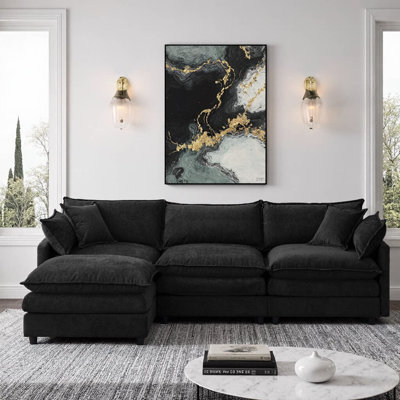 Canapé d'angle modulaire Velmira 105 po avec pouf | Canapé 3 places en chenille avec ressorts ensachés | Adapté au salon, appartement ou coin détente