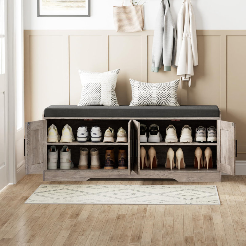 Banc de rangement moderne avec siège rembourré, armoire à chaussures dissimulée à 4 portes avec tablettes réglables pour le vestibule