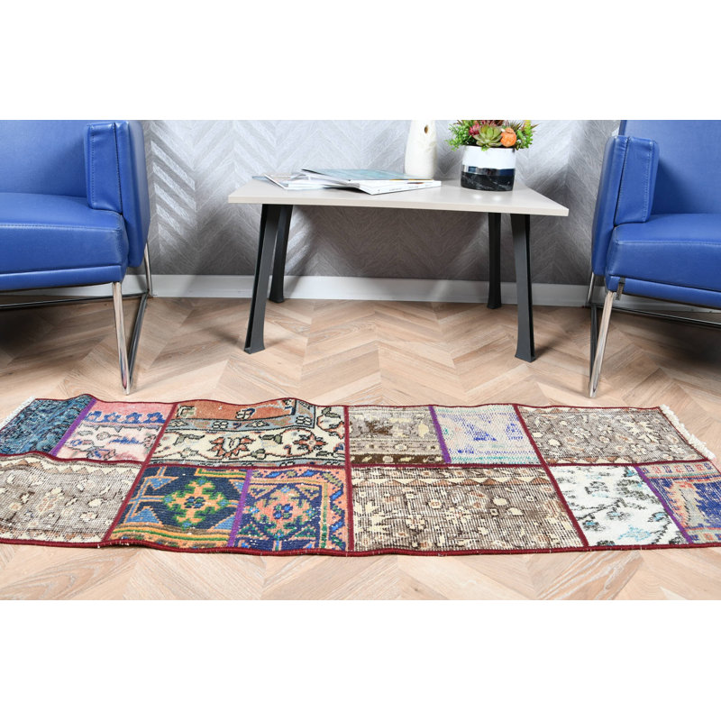 Handmade Vintage Turkish Runner Rug Featuring Unique Multicolor Patchwork Design With Geometric Patterns Ideal For Hallways
