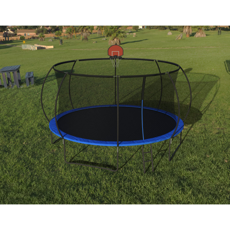 Trampoline citrouille de 14 pi, trampoline d'extérieur avec panier de basketball, filet d'enclos et échelle
