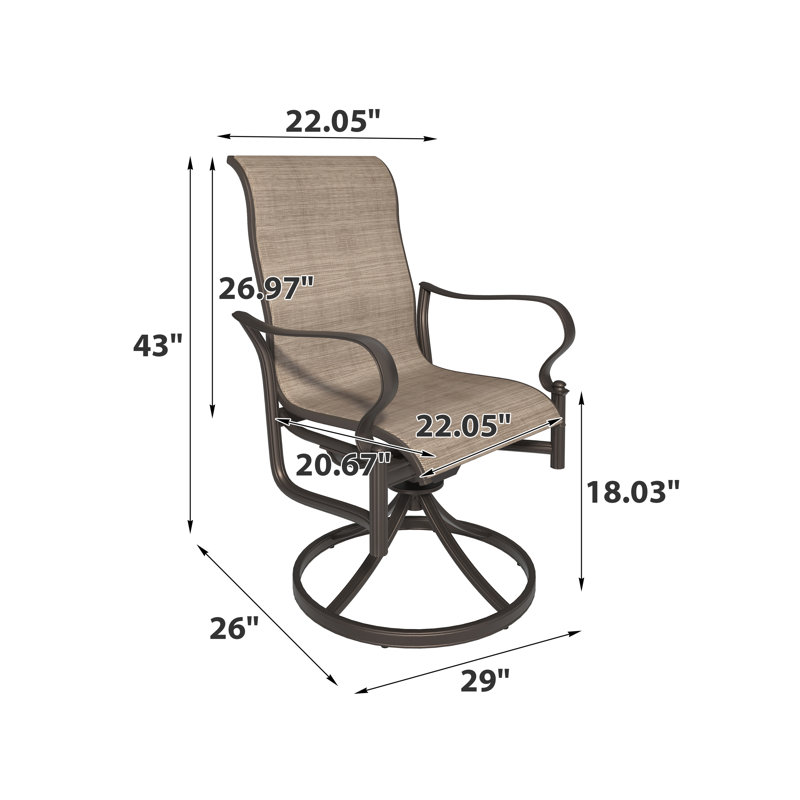 Chaise berçante pivotante d'extérieur en aluminium coulé avec assise en textilène et dossier haut