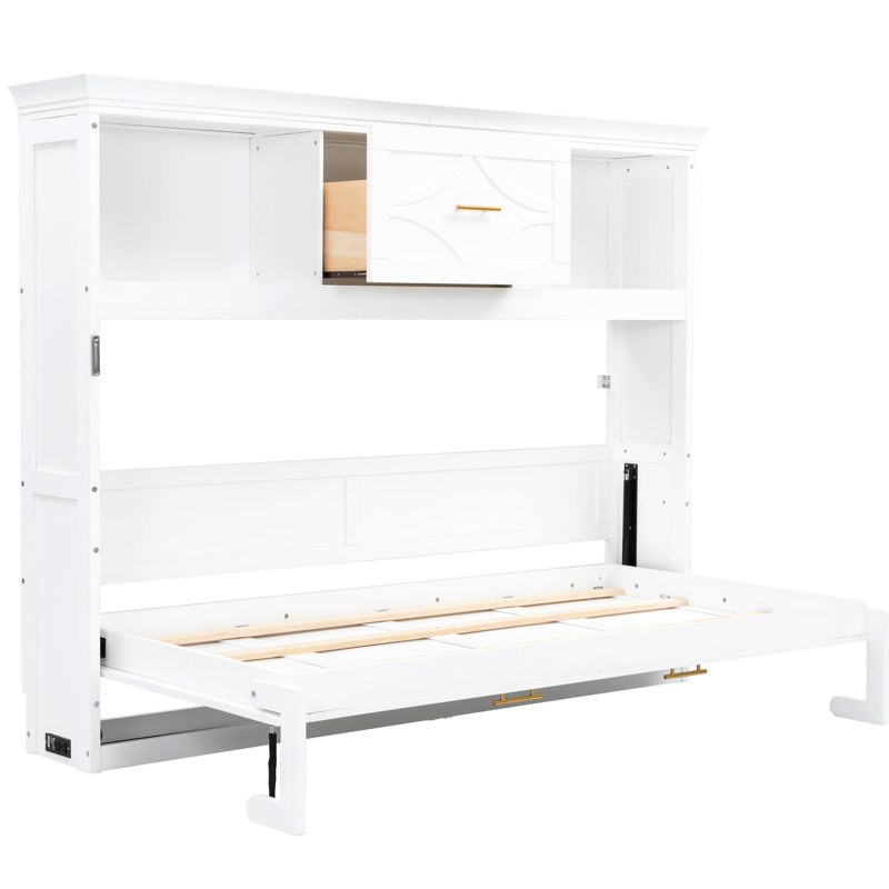 Lit simple en blanc avec remplacement de charge, tiroir et 2 unités de rangement - Représentant en pin de qualité, armoires