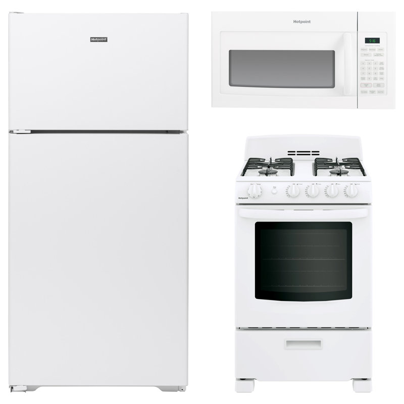 Hotpoint 3 Piece Kitchen Appliance Package with Top Freezer Refrigerator Gas Freestanding Over-the-Range
