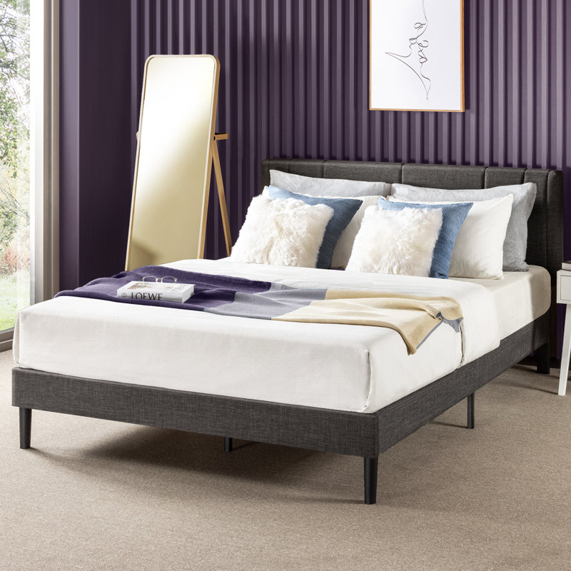 Upholstered Platform Bed with Vertical Channel Tufting, Full, Dark Gray