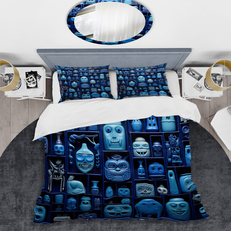 Blue Mask Moroccan Tiles - Abstract Tile Duvet Cover Set, King Duvet Cover + 2 King Shams