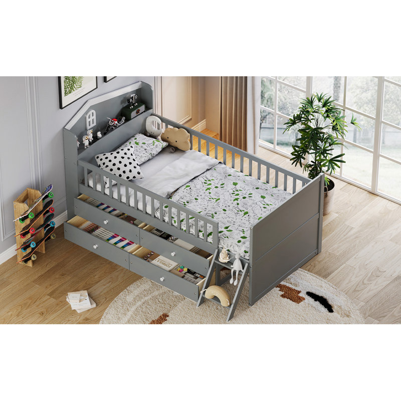 Cadre de lit avec rangement à 4 tiroirs, cadre de lit en bois, lit plateforme avec tête de garde-corps et échelle, aucun sommier requis, assemblage facile