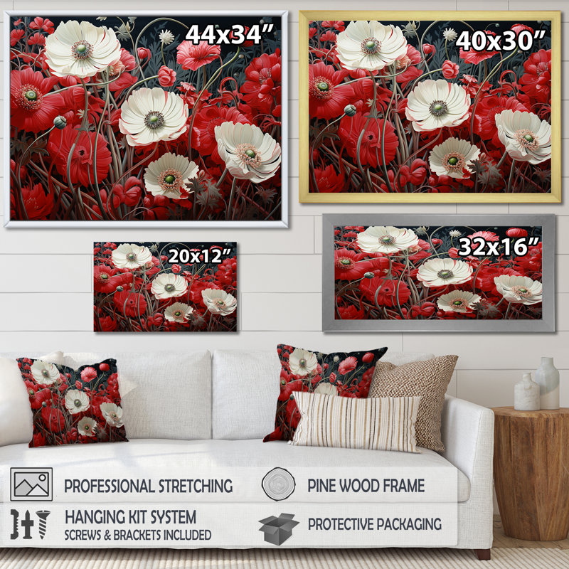 White And Red Crimson Flower S Embrace - Flower Canvas Wall Art, Cadre simple blanc, H 16 po x l 32 po x P 1,5 po
