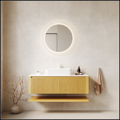 Meuble-lavabo mural 48 po avec lavabo, armoire de rangement en contreplaqué, comptoir en pierre frittée et lavabo en céramique, chêne Corolla pré-assemblé