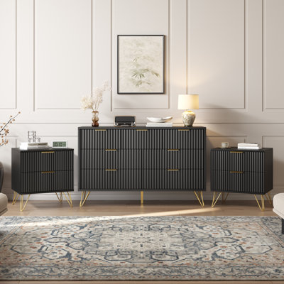 Ensemble de chambre à coucher 3 pièces cannelée moderne, commode 7 tiroirs et 2 tables de chevet