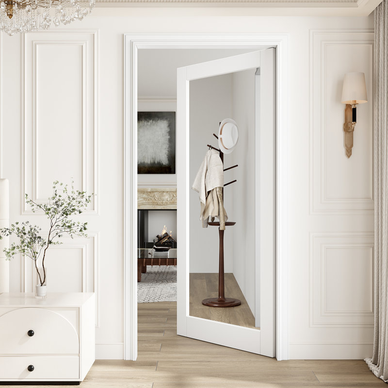 Porte de miroir de 36 po x 80 po, porte de dalle intérieure de qualité supérieure 1-Lite, porte de dalle intérieure apprêtée à peindre blanc, sans quincaillerie, parfaite pour la chambre à coucher, le placard, le couloir, le salon, le garde-manger et la salle de bain, idéale pour la grange Poche, portes françaises et pliantes