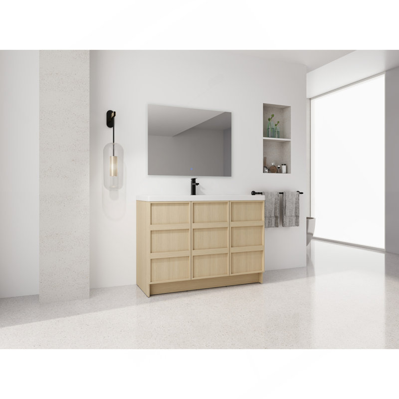 Meuble-lavabo autoportant 48 po avec lavabo en résine et 3 portes d'armoire à fermeture en douceur, contreplaqué, chêne Dune (KD-PACKING)