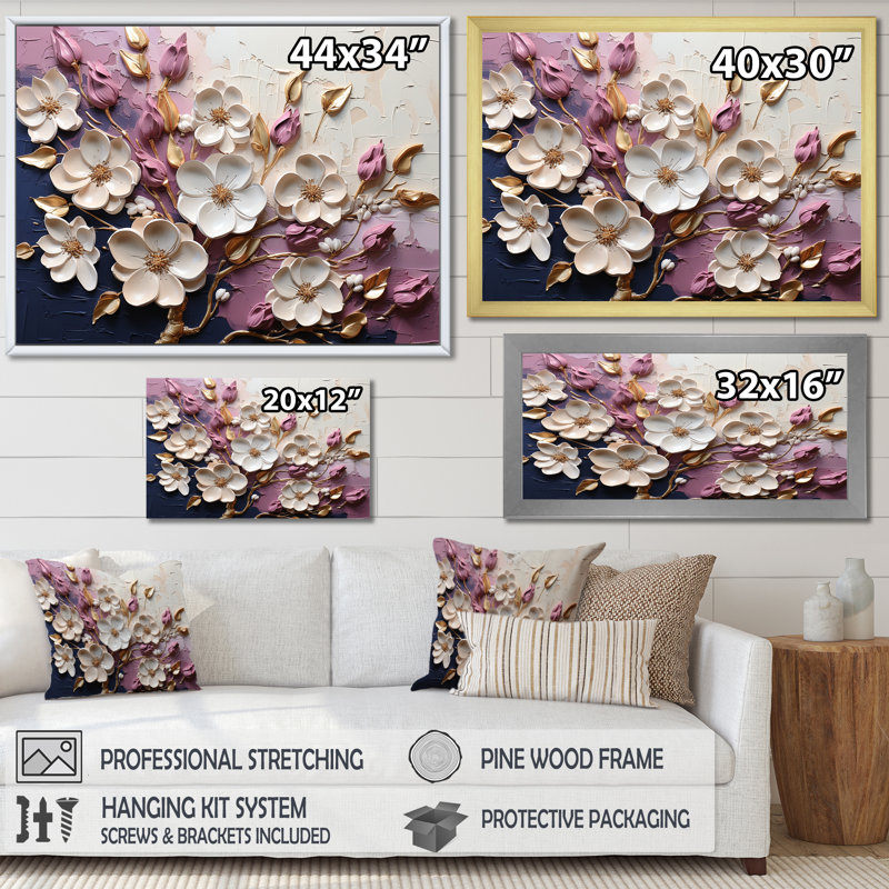 Fleurs de pavot blanches et mauves - Art floral abstrait sur toile, Cadre d'angle fermé doré, H 34 po x l 44 po x P 1,5 po