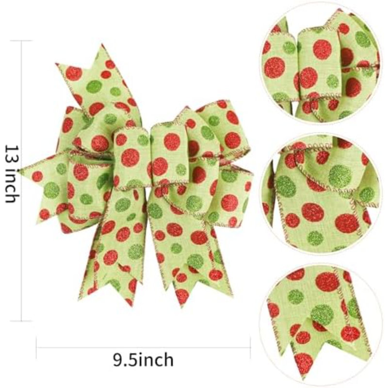 Nœuds rustiques en toile de jute à pois verts et rouges pour couronnes, sapins de Noël et décorations des fêtes (9,5 x 13 pouces)