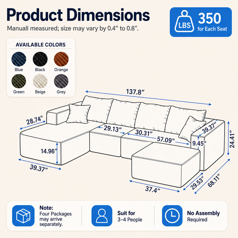 Canapé d'angle en U de 350 cm (137,8 po) à compression pour salon, canapé modulable en tissu flanelle, support à ressorts ensachés et base antidérapante, aucun assemblage requis, gris
