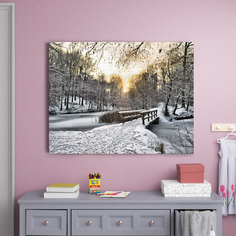 Wooden Bridge In Snow Winter River - Landscapes Canvas Wall Art, Black Picture Framed Canvas, 8" H x 12" W x 1" D