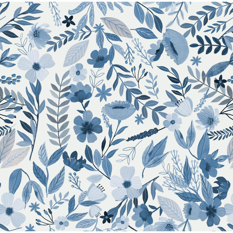 Papier peint Boswell bleu à fleurs Émilie, Bleu