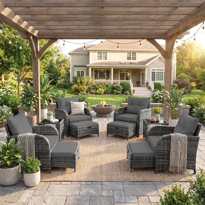 4-person Outdoor Wicker Patio Conversation Set, Modular Sectional Seating Group With Ottomans And Tempered Glass Coffee Table, Weather-resistant All-weather Furniture Set For Backyard Deck Poolside
