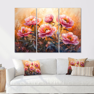Pivoines au lever du soleil, lumière III - pivoines grand art mural - 3 panneaux