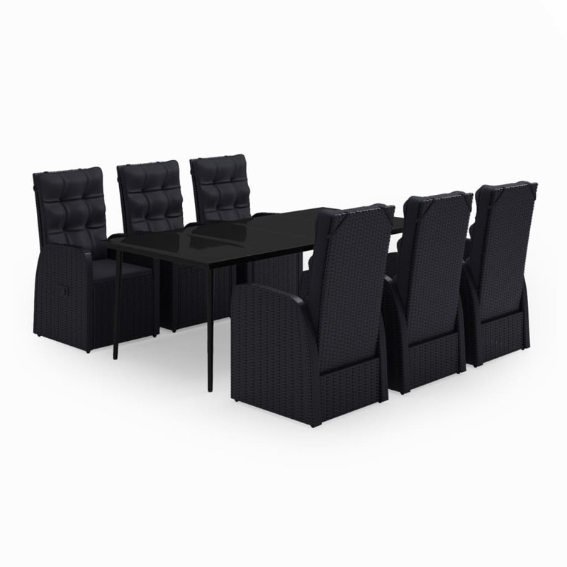  Ensemble de salle à manger de jardin en rotin PE noir, acier thermolaqué, grand verre, 6