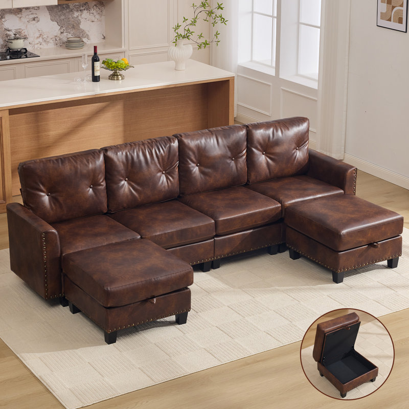Canapé modulaire en similicuir avec repose-pieds de rangement, 4 Seat + 2 Ottoman, Brown