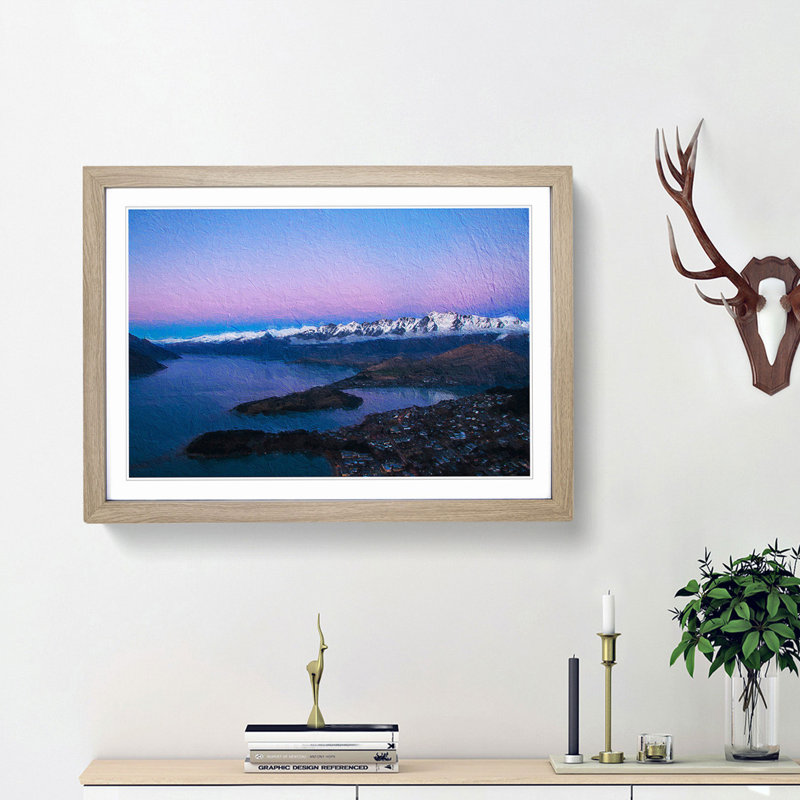 Lake in Queenstown New Zealand - Picture Frame Painting Print on MDF, Oak Framed, 48cm H x 65cm W x 2cm D