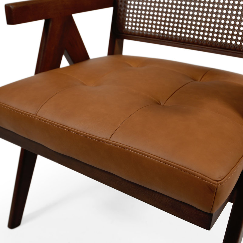 Fauteuil d'appoint en cuir italien véritable avec dossier canne et structure en bois de chêne massif