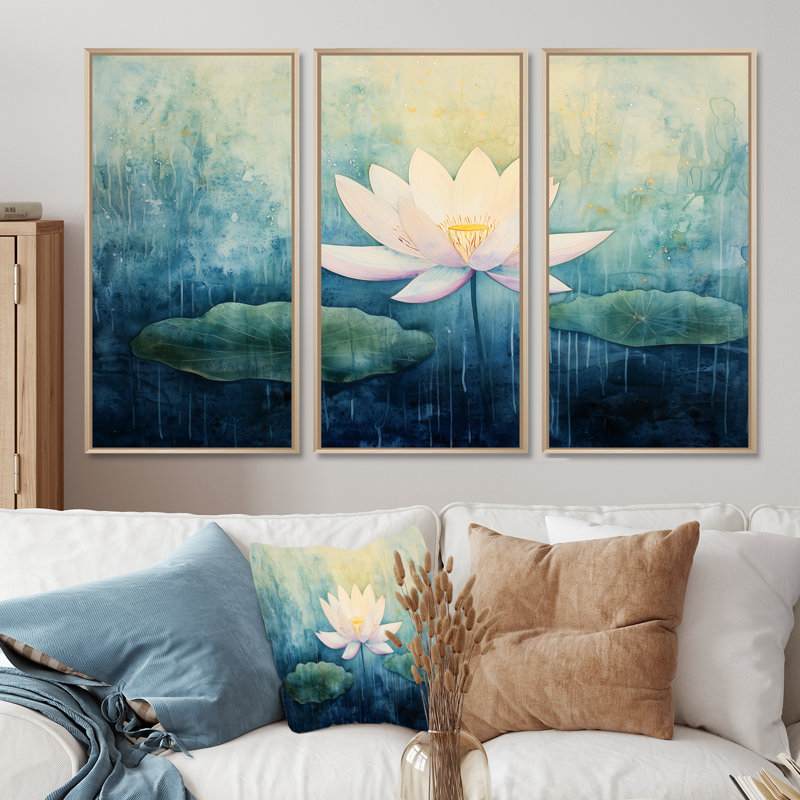 Addix - lot d'art mural lotus, Naturel, Reproduction avec cadre flottant, H 28 po x l 36 po