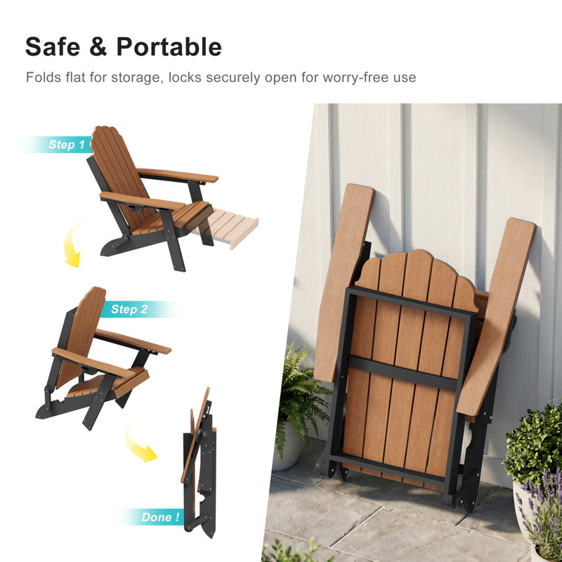 Chaise pliante Adirondack avec repose-pieds rétractable, chaise de patio résistante aux intempéries, Teck / noir