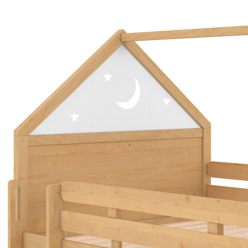 Kids Full Solid Wood Loft Bed with Bookshelves and Slide, Natural, Full