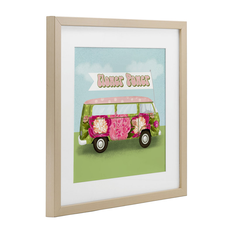 Flower Power Peony Bus Framed Print Under Glass, design by Jilly Jack Designs, Harvest Pine Frame, 13" H x 13" W