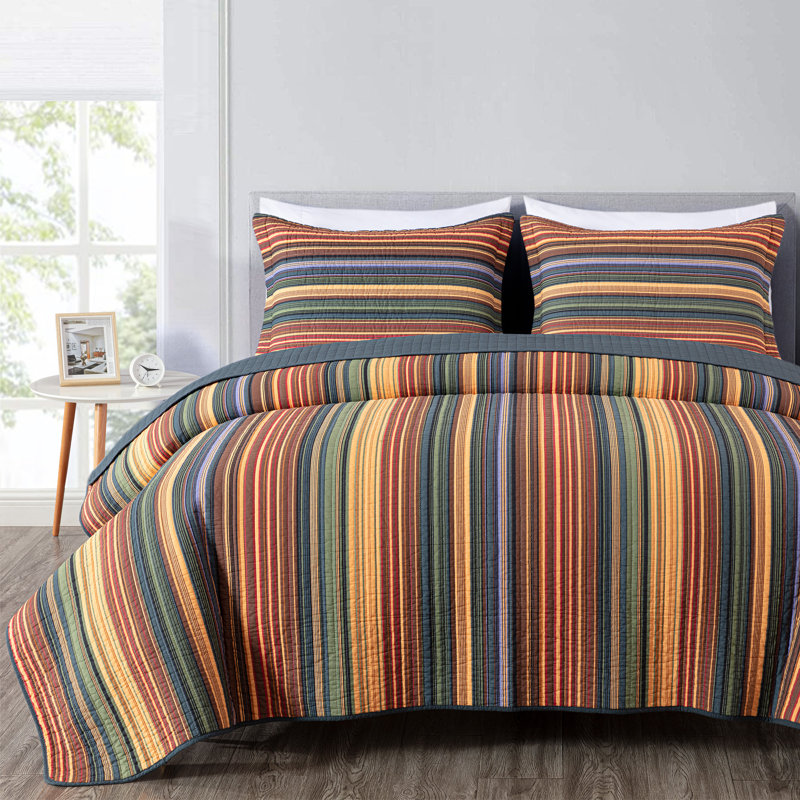 Avery Striped Pre-Washed Cotton Quilt Set, Queen Quilt + 2 Standard Shams, Red/Yellow/Dark Blue